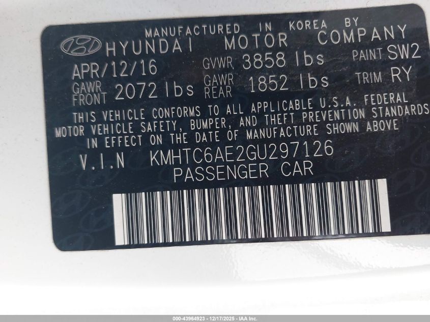 2016 Hyundai Veloster Turbo VIN: KMHTC6AE2GU297126 Lot: 43964923