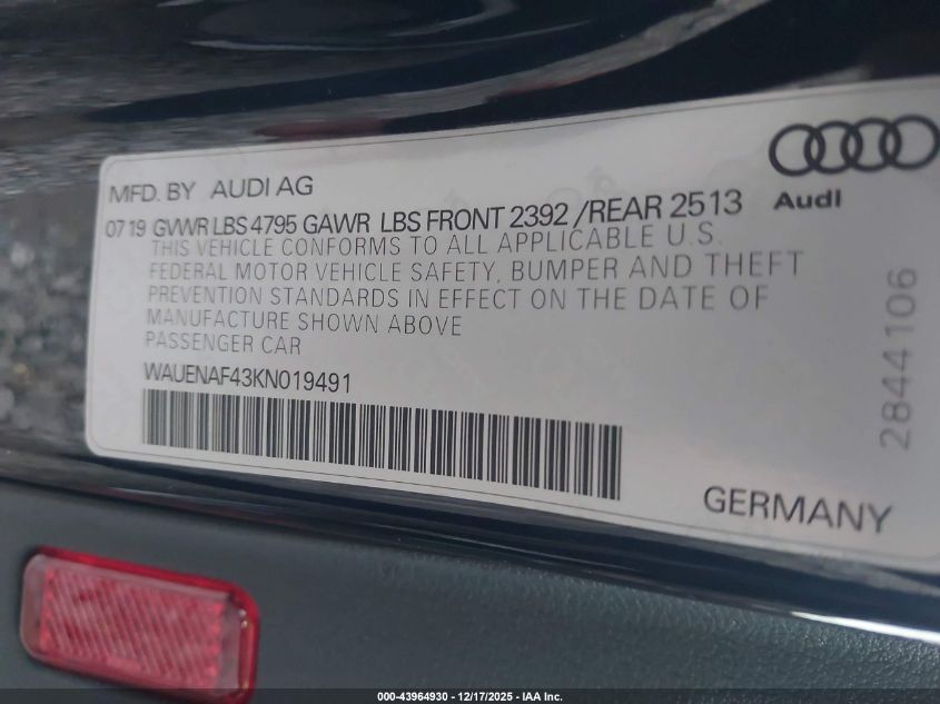 2019 Audi A4 45 Premium VIN: WAUENAF43KN019491 Lot: 43964930