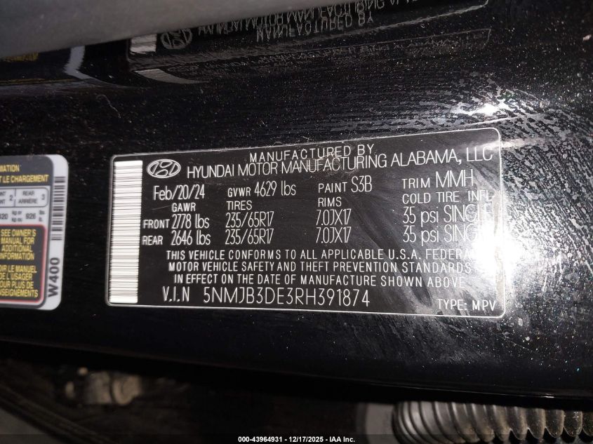 2024 Hyundai Tucson Sel VIN: 5NMJB3DE3RH391874 Lot: 43964931