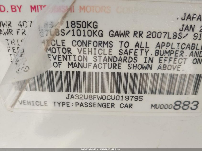 2012 Mitsubishi Lancer Gt VIN: JA32U8FW0CU019795 Lot: 43964935