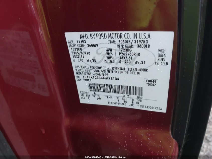 2004 Ford F-150 Lariat/Xl/Xlt VIN: 1FTPX12544NA78184 Lot: 43964940