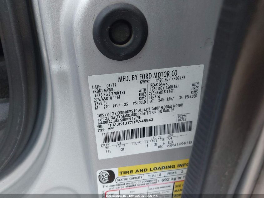 2017 Ford Expedition El Xlt VIN: 1FMJK1JT7HEA48943 Lot: 43964945