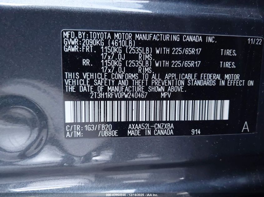 2023 Toyota Rav4 Le VIN: 2T3H1RFV0PW240467 Lot: 43964946