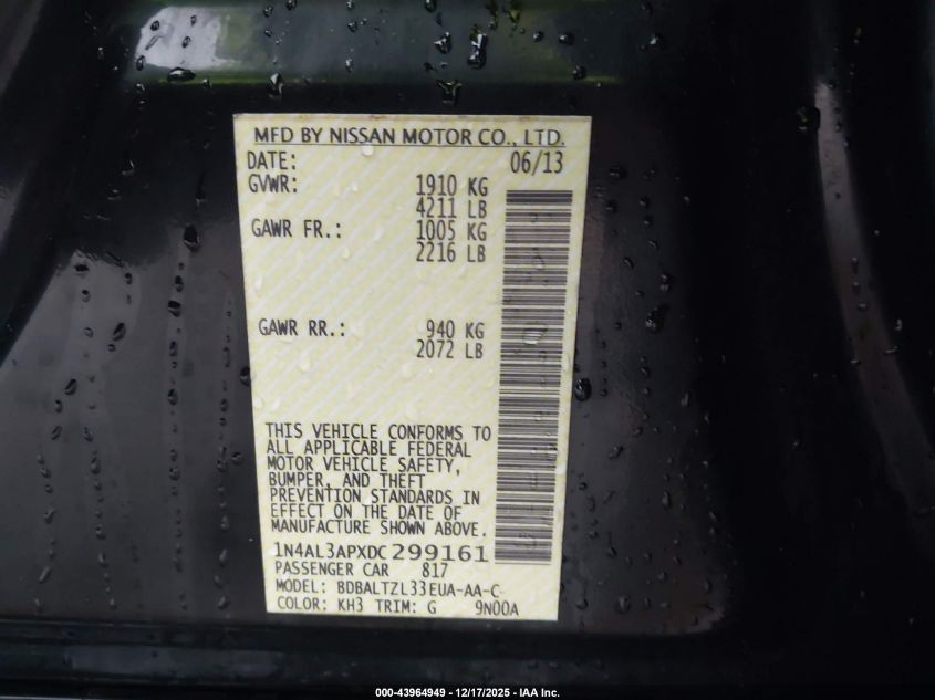 2013 Nissan Altima 2.5 Sv VIN: 1N4AL3APXDC299161 Lot: 43964949