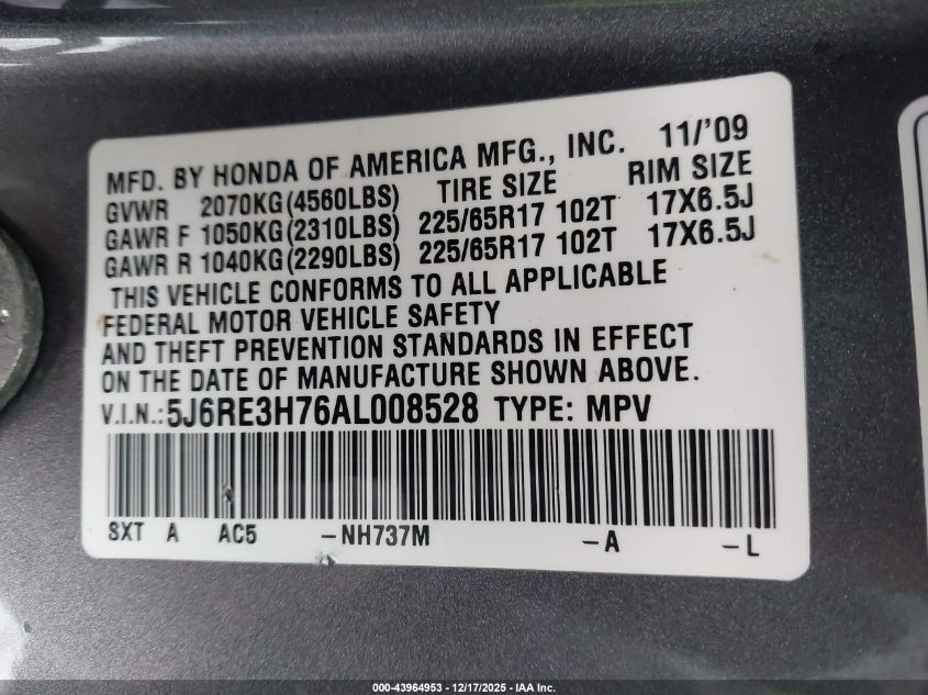 2010 Honda Cr-V Ex-L VIN: 5J6RE3H76AL008528 Lot: 43964953