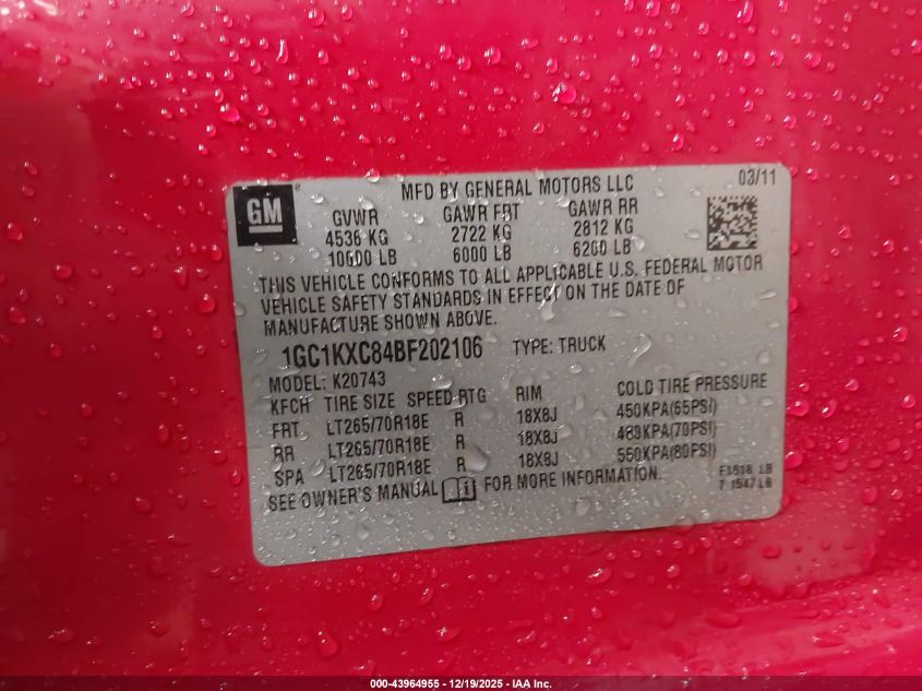 2011 Chevrolet Silverado 2500Hd Lt VIN: 1GC1KXC84BF202106 Lot: 43964955