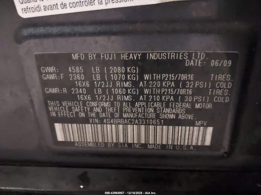 2010 Subaru Outback 2.5I VIN: 4S4BRBAC2A3310651 Lot: 43964957