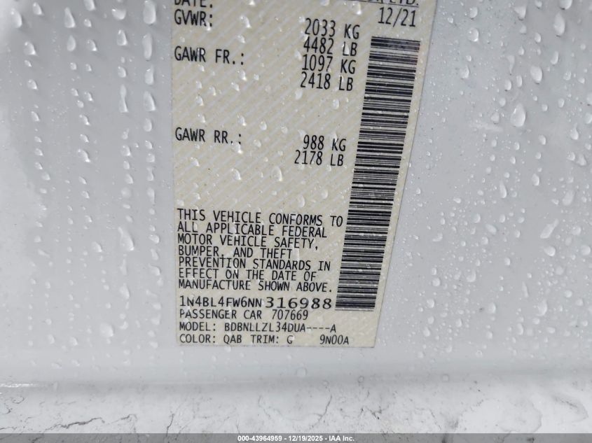 2022 Nissan Altima Platinum Intelligent Awd VIN: 1N4BL4FW6NN316988 Lot: 43964959