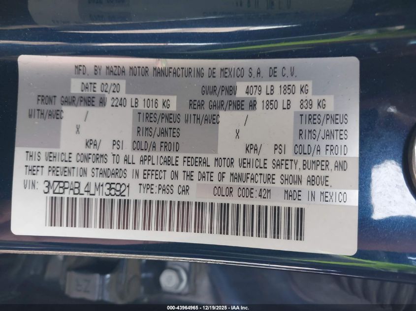 2020 Mazda Mazda3 VIN: 3MZBPABL4LM135921 Lot: 43964965