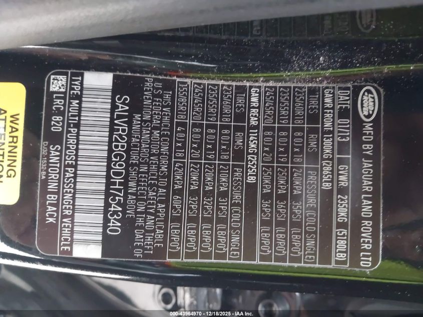 2013 Land Rover Range Rover Evoque Pure VIN: SALVR2BG9DH754340 Lot: 43964970