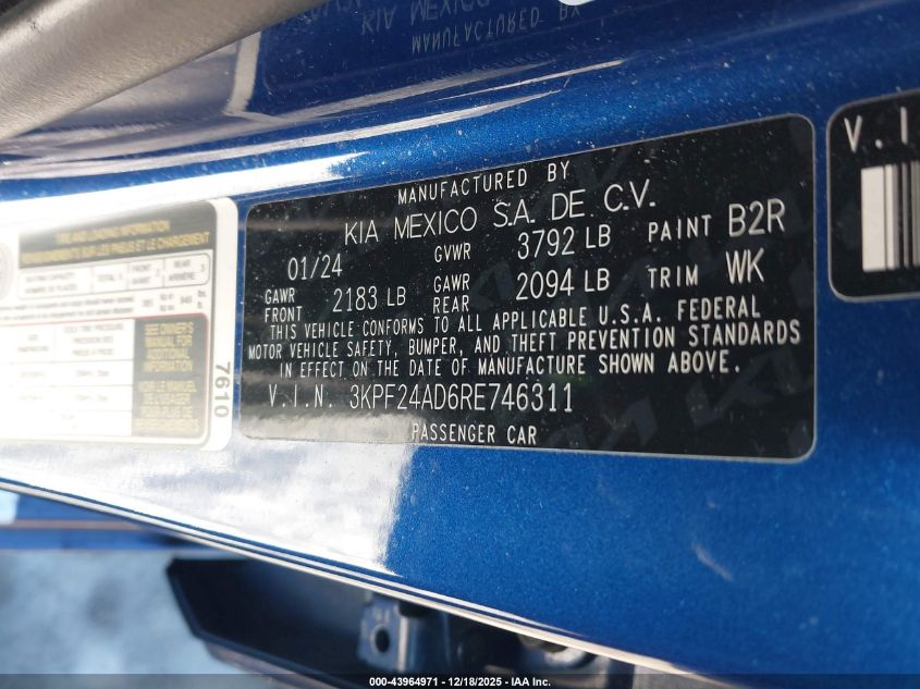 2024 Kia Forte Lxs VIN: 3KPF24AD6RE746311 Lot: 43964971