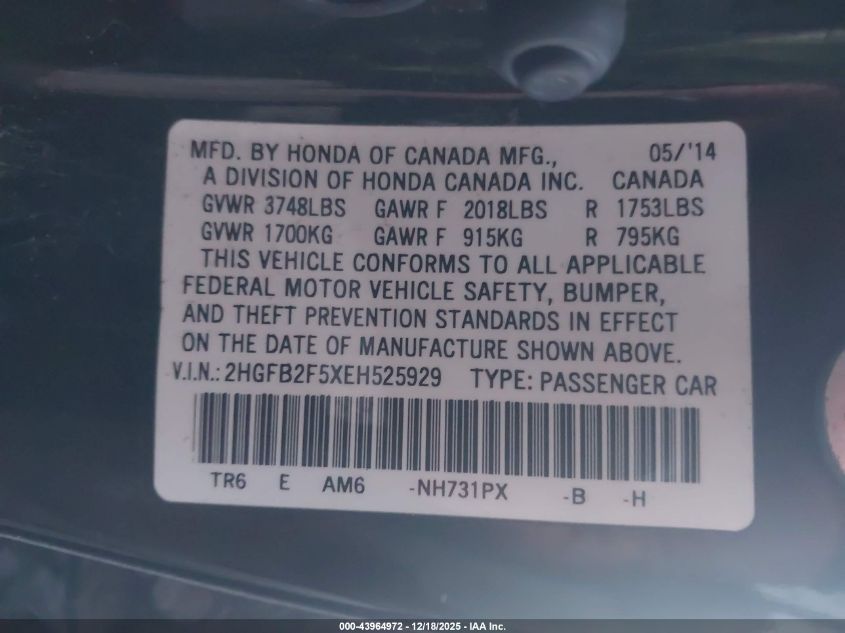 2014 Honda Civic Lx VIN: 2HGFB2F5XEH525929 Lot: 43964972