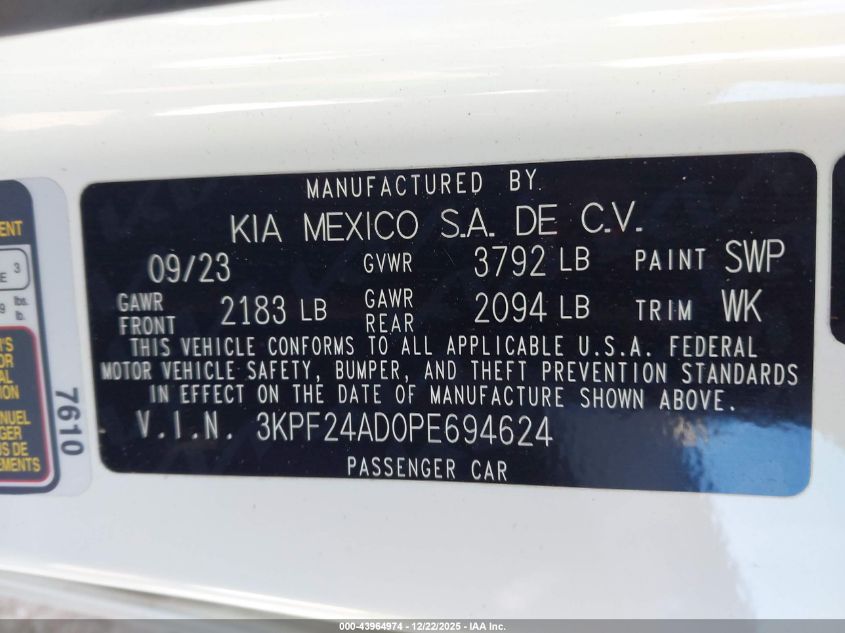 2023 Kia Forte Lxs VIN: 3KPF24AD0PE694624 Lot: 43964974