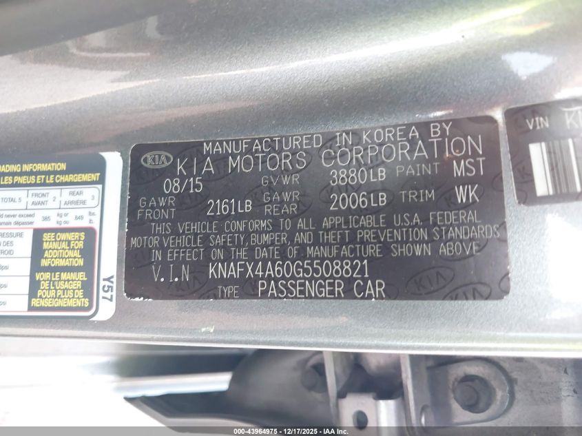 2016 Kia Forte Lx VIN: KNAFX4A60G5508821 Lot: 43964975