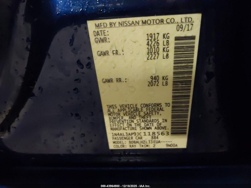 2018 Nissan Altima 2.5 Sr VIN: 1N4AL3AP9JC118563 Lot: 43964980