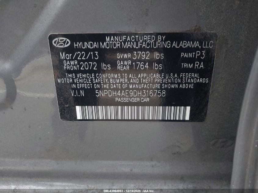 2013 Hyundai Elantra Gls VIN: 5NPDH4AE9DH316758 Lot: 43964983