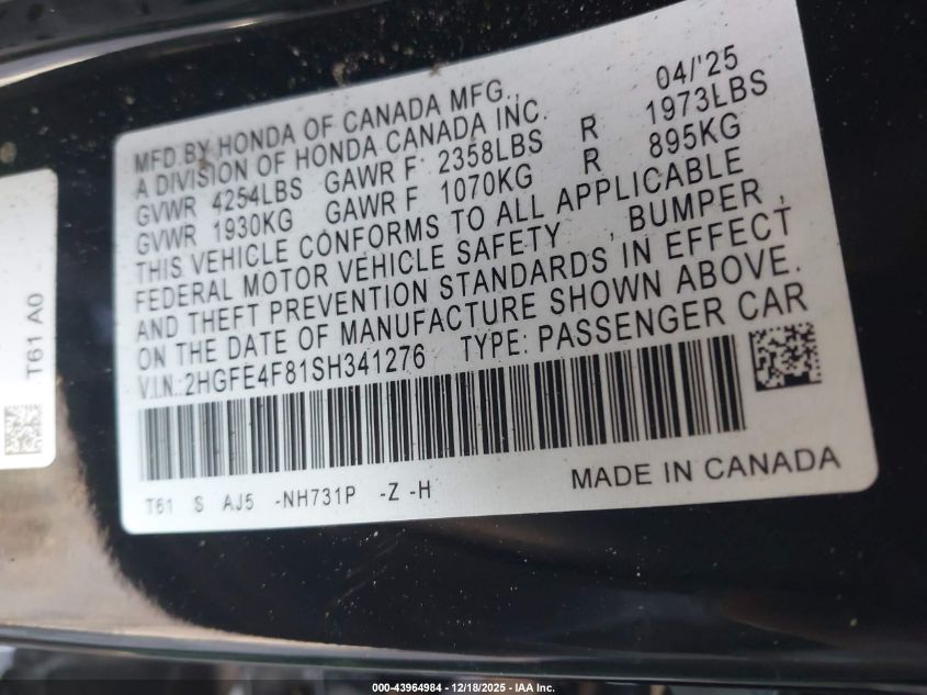 2025 Honda Civic Hybrid Sport/Sport Touring VIN: 2HGFE4F81SH341276 Lot: 43964984