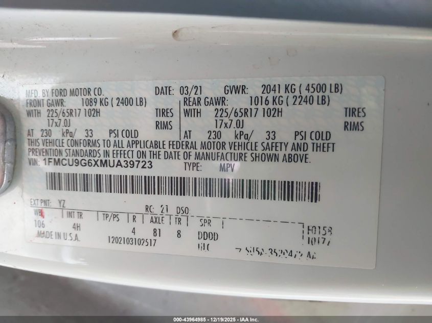 2021 Ford Escape Se VIN: 1FMCU9G6XMUA39723 Lot: 43964985