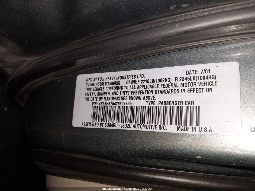 2002 Subaru Legacy Wagon VIN: 4S3BH675426607735 Lot: 43964988