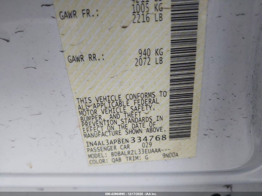 2014 Nissan Altima 2.5/2.5 S/2.5 Sl/2.5 Sv VIN: 1N4AL3AP8EN334768 Lot: 43964990