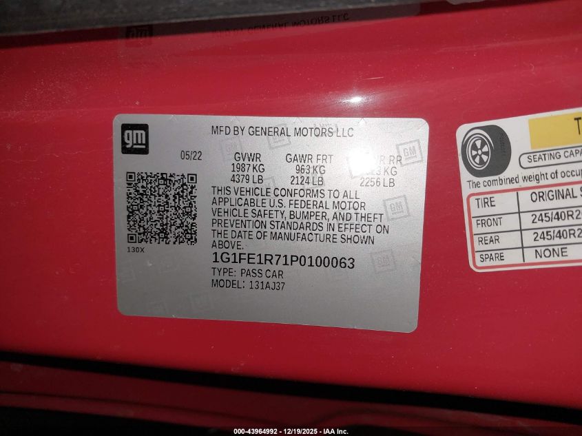 2023 Chevrolet Camaro Rwd Lt1 VIN: 1G1FE1R71P0100063 Lot: 43964992