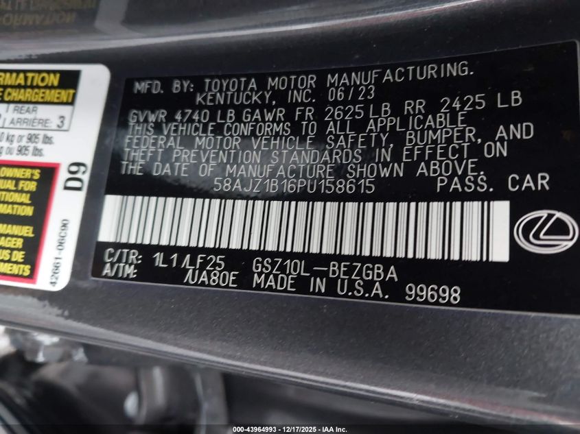 2023 Lexus Es 350 F Sport Handling VIN: 58AJZ1B16PU158615 Lot: 43964993