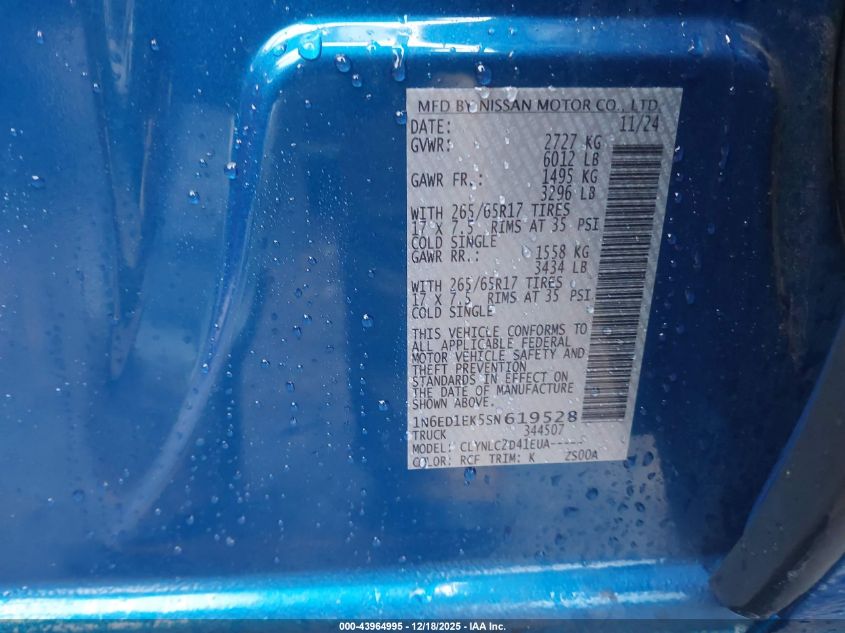 2025 Nissan Frontier Sv 4X4 VIN: 1N6ED1EK5SN619528 Lot: 43964995