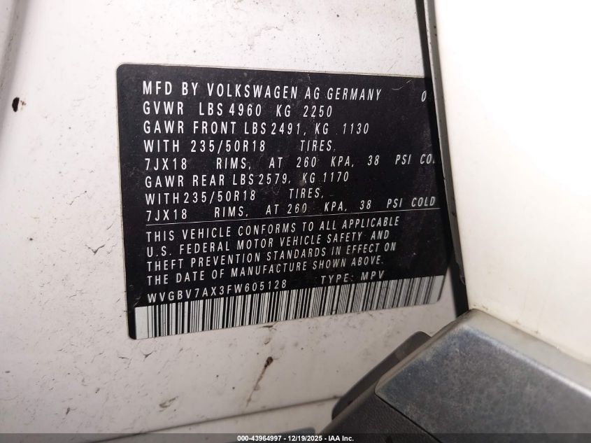 2015 Volkswagen Tiguan Sel VIN: WVGBV7AX3FW605128 Lot: 43964997