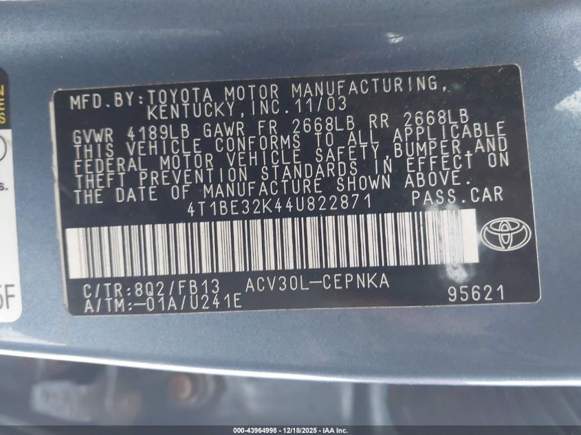 2004 Toyota Camry Le VIN: 4T1BE32K44U822871 Lot: 43964998