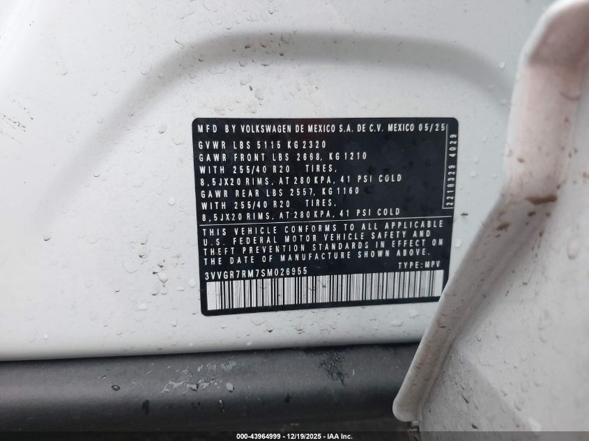 2025 Volkswagen Tiguan 2.0T Se R-Line Black VIN: 3VVGR7RM7SM026955 Lot: 43964999