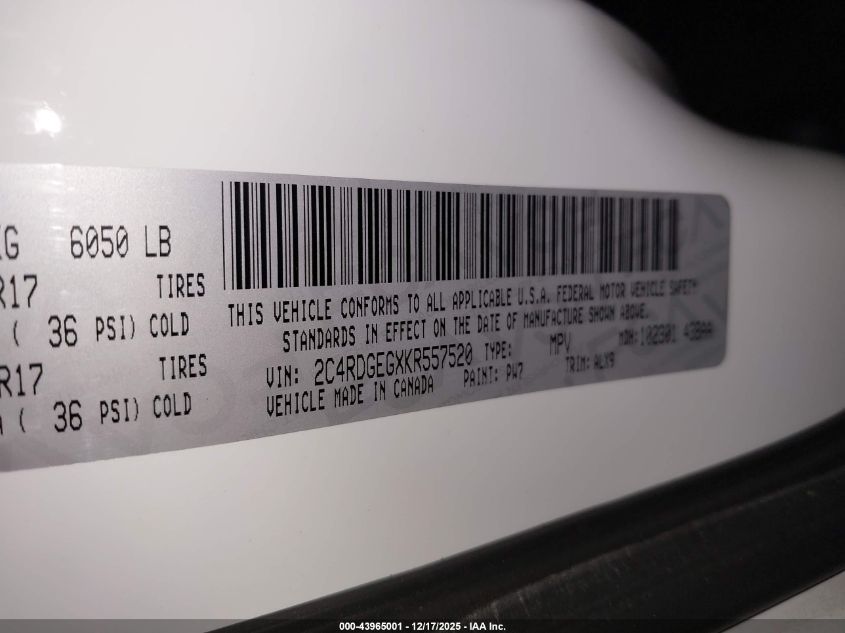 2019 Dodge Grand Caravan Gt VIN: 2C4RDGEGXKR557520 Lot: 43965001