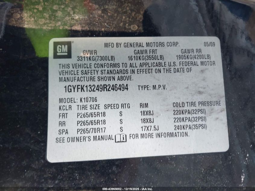 2009 Cadillac Escalade Standard VIN: 1GYFK13249R246494 Lot: 43965002