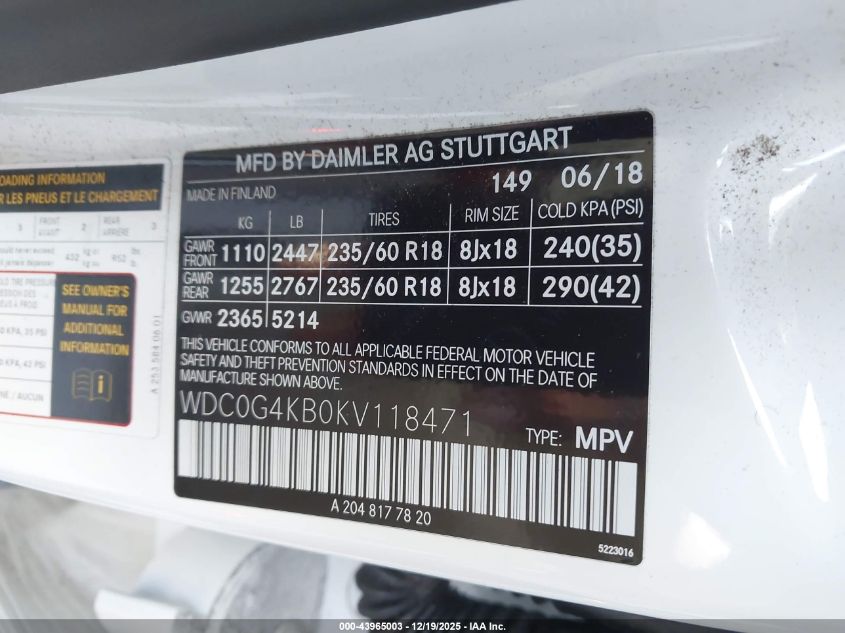 2019 Mercedes-Benz Glc 300 4Matic VIN: WDC0G4KB0KV118471 Lot: 43965003