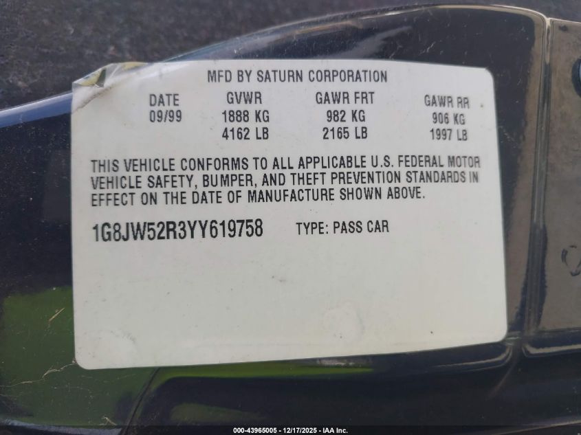 2000 Saturn Ls2 VIN: 1G8JW52R3YY619758 Lot: 43965005