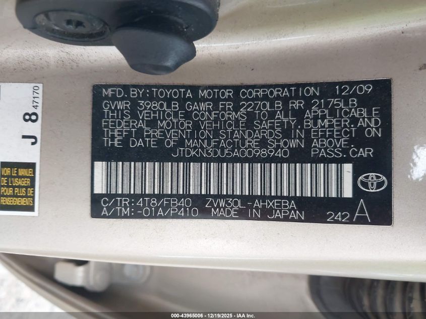 2010 Toyota Prius Iii VIN: JTDKN3DU5A0098940 Lot: 43965006