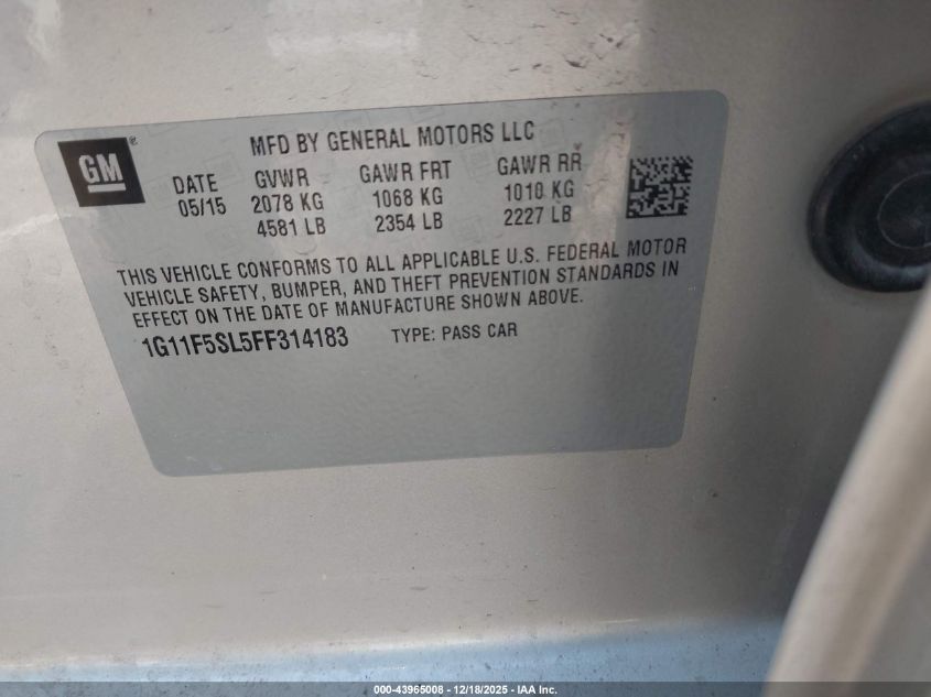 2015 Chevrolet Malibu 1Lz VIN: 1G11F5SL5FF314183 Lot: 43965008