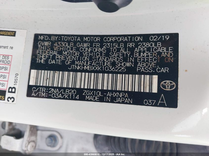 2019 Toyota C-Hr Limited VIN: JTNKHMBXXK1036225 Lot: 43965010