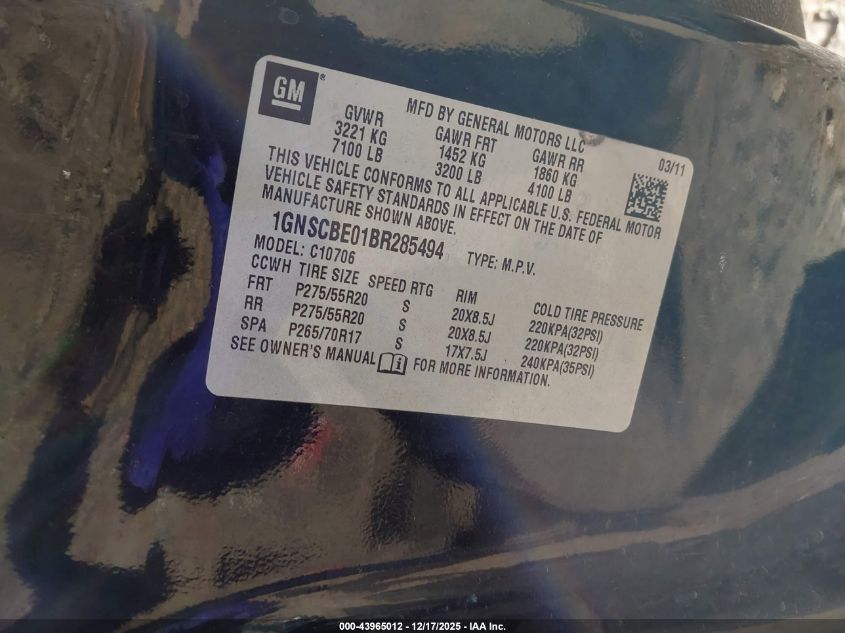 2011 Chevrolet Tahoe Lt VIN: 1GNSCBE01BR285494 Lot: 43965012