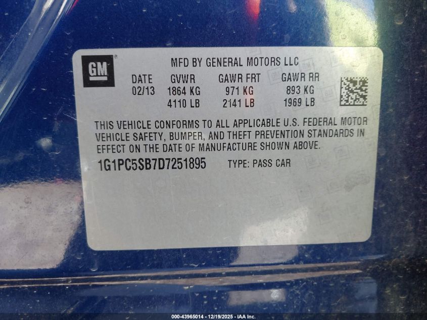 2013 Chevrolet Cruze 1Lt Auto VIN: 1G1PC5SB7D7251895 Lot: 43965014