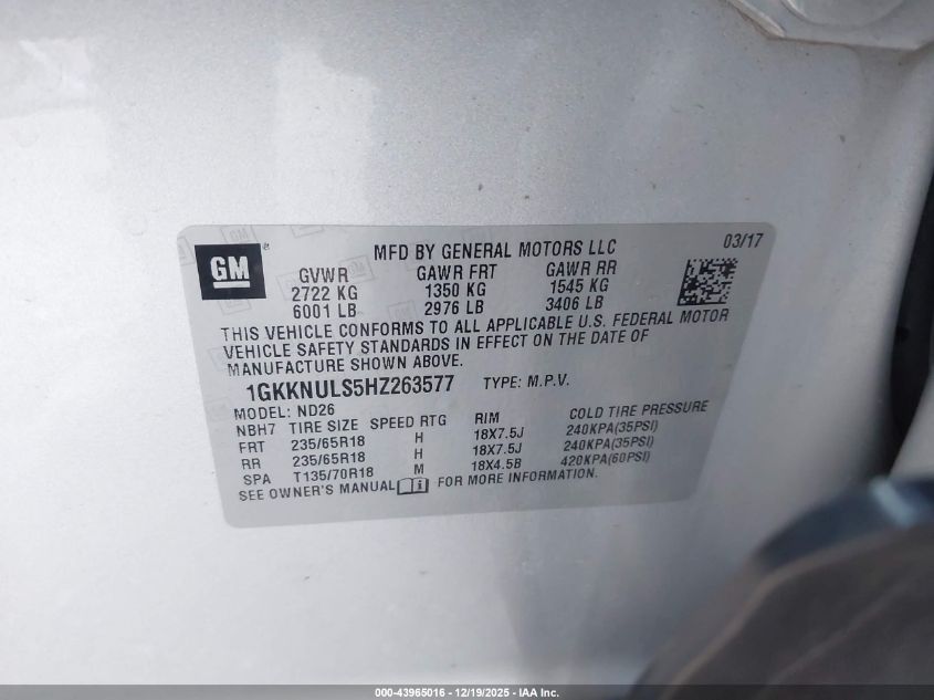 2017 GMC Acadia Slt-1 VIN: 1GKKNULS5HZ263577 Lot: 43965016