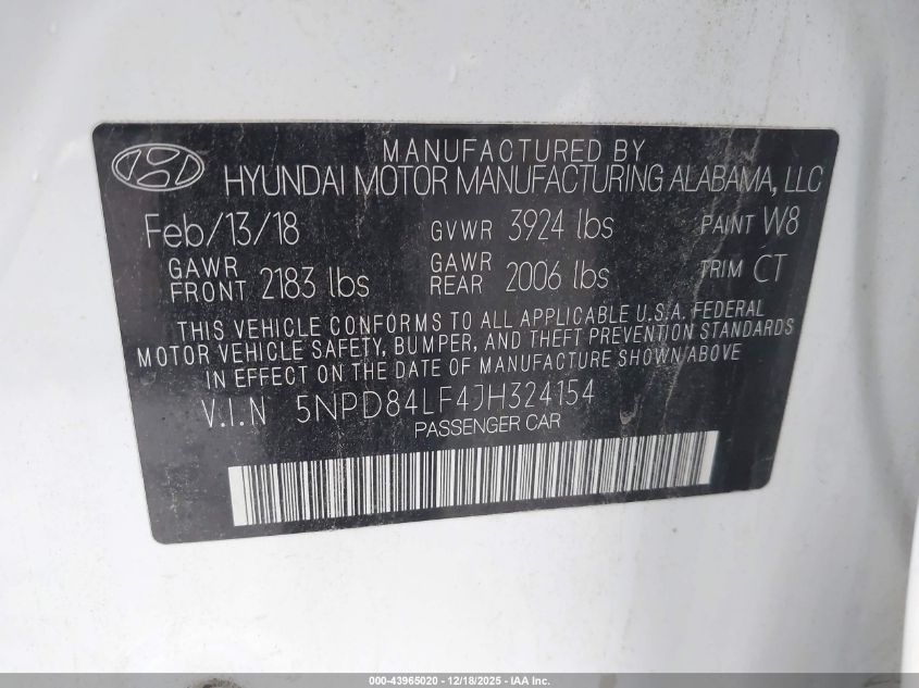 2018 Hyundai Elantra Value Edition VIN: 5NPD84LF4JH324154 Lot: 43965020