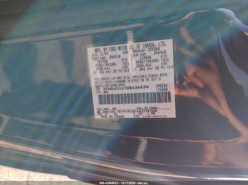 1998 Ford Windstar Base 3.0/Gl VIN: 2FMDA51U7WBA36834 Lot: 43965023