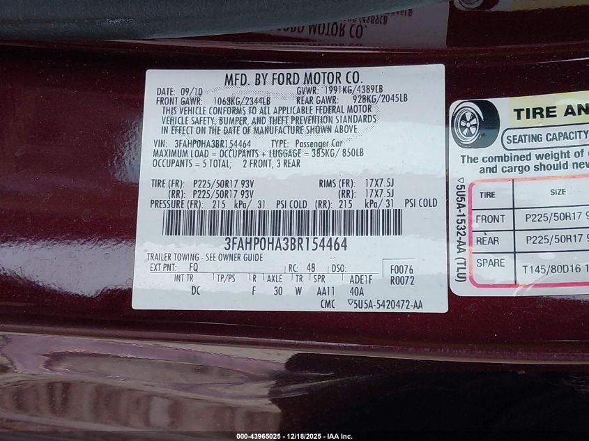 2011 Ford Fusion Se VIN: 3FAHP0HA3BR154464 Lot: 43965025