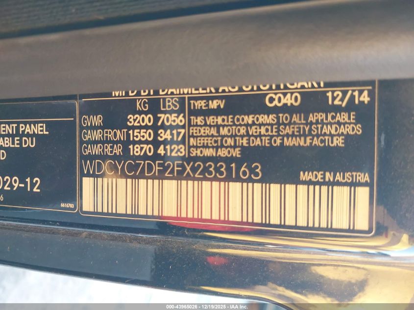 2015 Mercedes-Benz G 63 Amg 4Matic VIN: WDCYC7DF2FX233163 Lot: 43965026