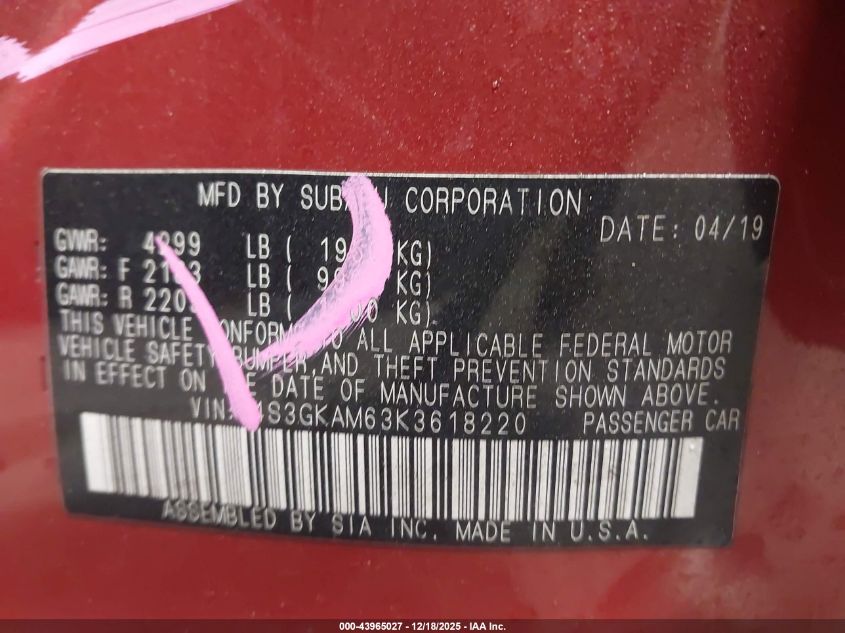 2019 Subaru Impreza 2.0I Sport VIN: 4S3GKAM63K3618220 Lot: 43965027