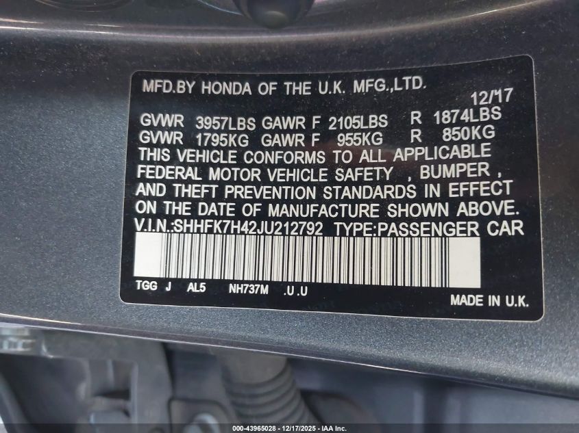 2018 Honda Civic Sport VIN: SHHFK7H42JU212792 Lot: 43965028