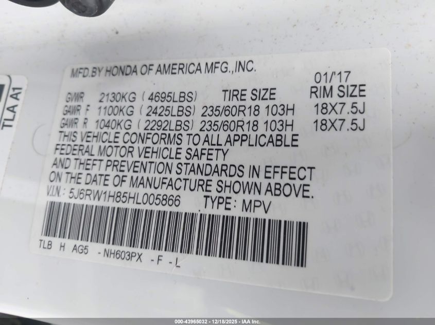 2017 Honda Cr-V Ex-L/Ex-L Navi VIN: 5J6RW1H85HL005866 Lot: 43965032