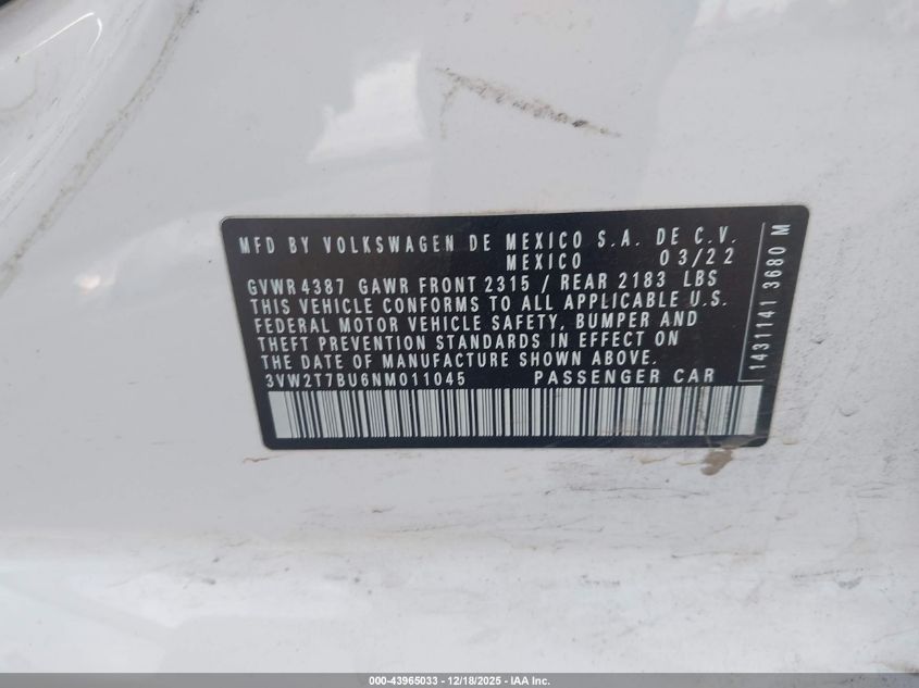 2022 Volkswagen Jetta Gli 2.0T Autobahn VIN: 3VW2T7BU6NM011045 Lot: 43965033