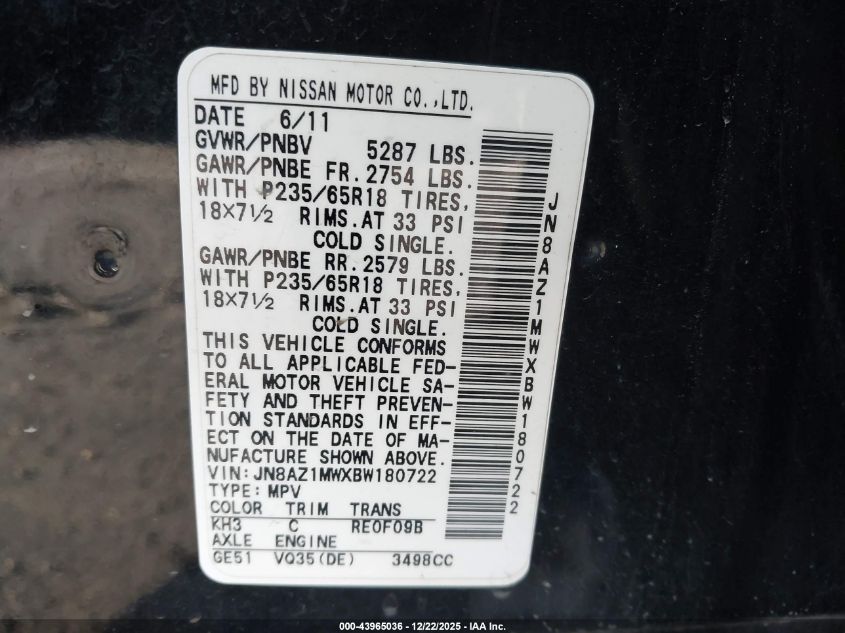 2011 Nissan Murano Sl VIN: JN8AZ1MWXBW180722 Lot: 43965036