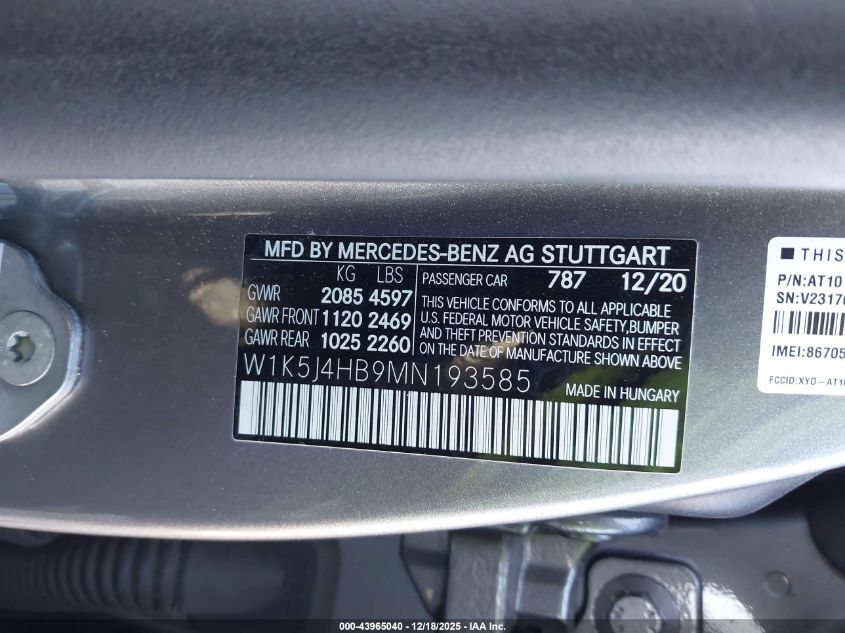 2021 Mercedes-Benz Cla 250 4Matic VIN: W1K5J4HB9MN193585 Lot: 43965040